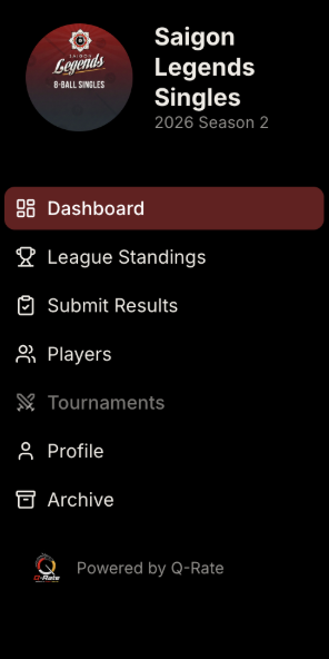 Q-Rate app dashboard showing league navigation with Dashboard, Standings, Submit Results, Players, Tournaments, Profile, and Archive